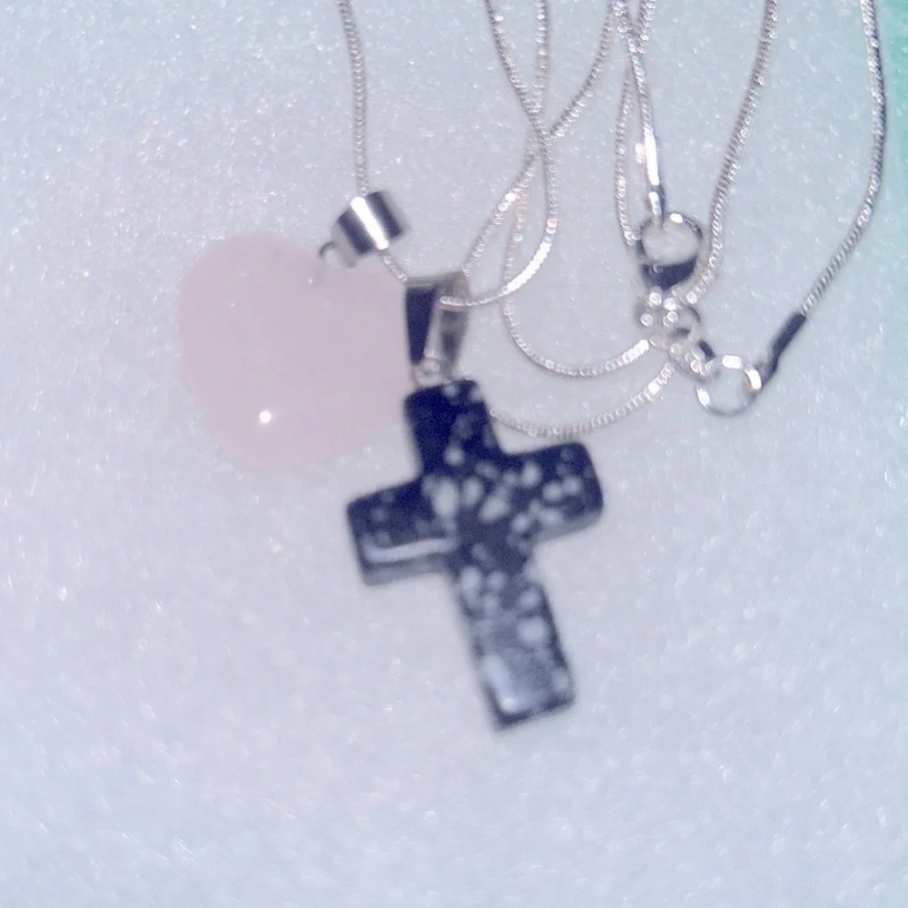 Boho hippie Obsidian Cross & Rose Quartz heart Sterling Silver 24” Neckl…